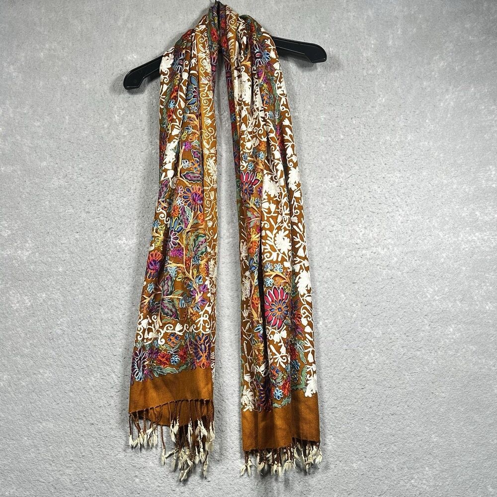Vintage Wrap Stole Shawl Scarf Kashmiri Embroidered Floral Turquoise Boho
